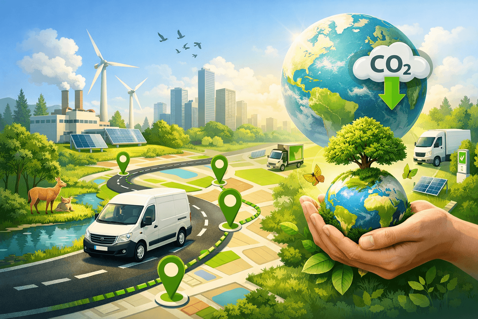 OptiDrive - Robot mascotte présentant les économies environnementales et la réduction des émissions CO₂