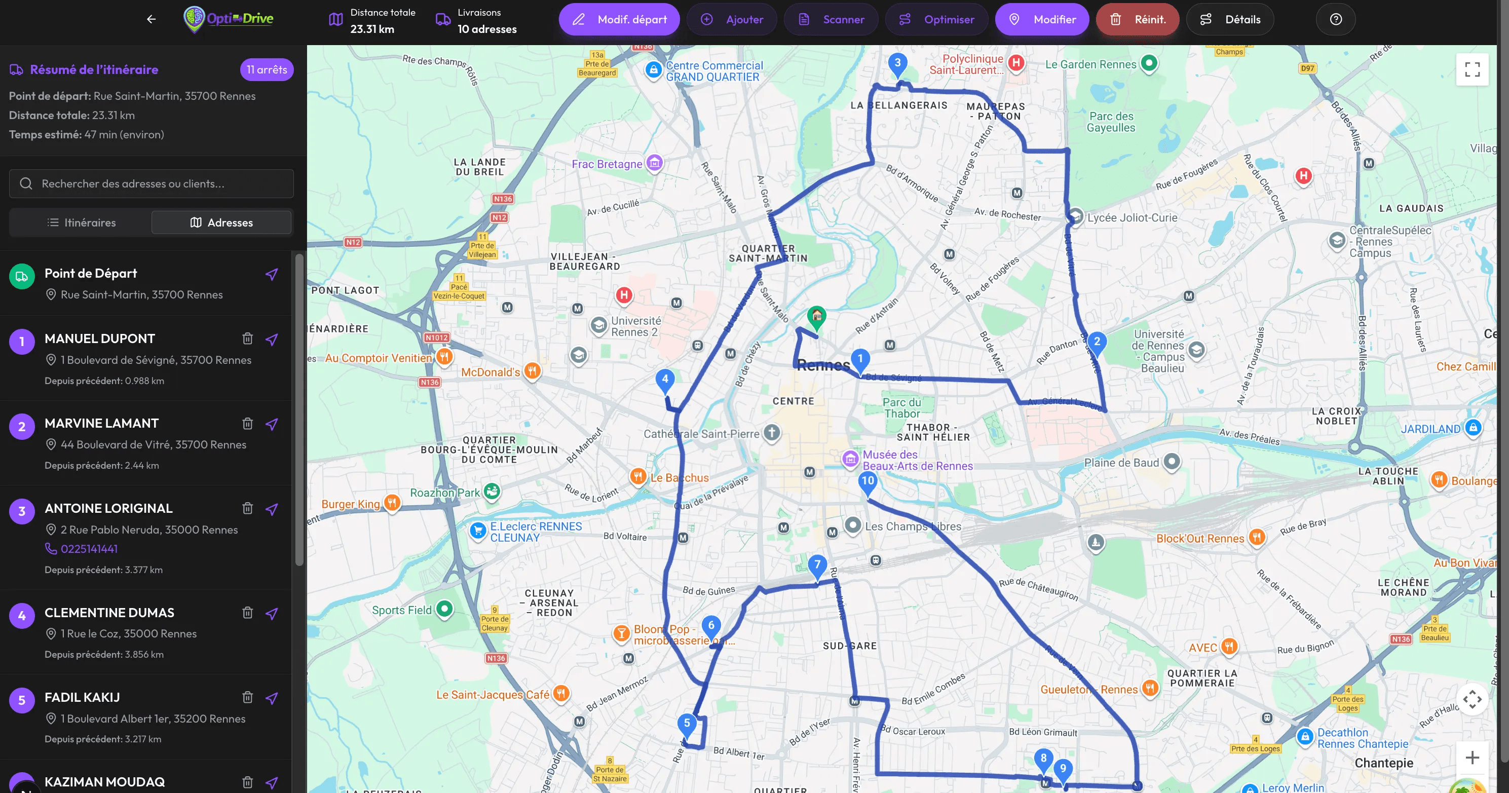 Tournée optimisée affichée sur la carte avec la liste ordonnée des arrêts