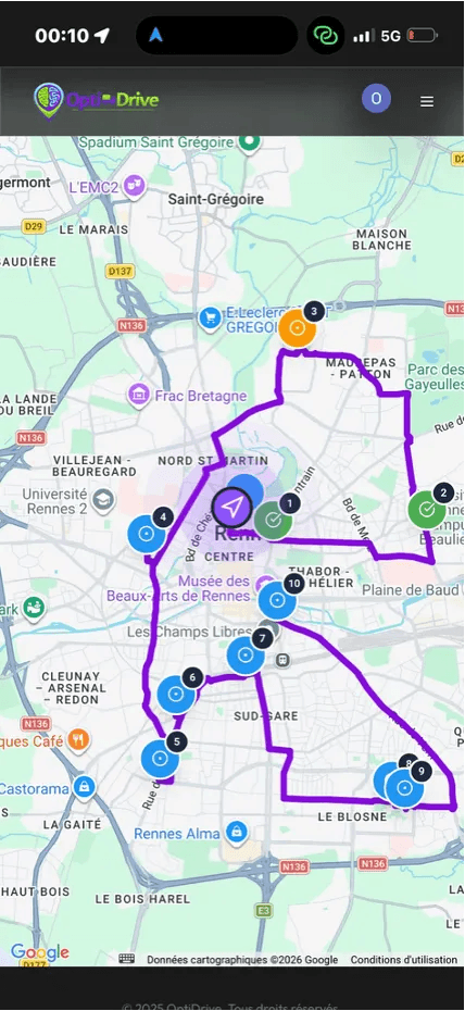 Carte de la tournée côté chauffeur avec les arrêts numérotés